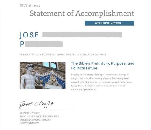 Certificate of Accomplishment - The Bible's Prehistory, Purpose & Political Future, Emory,  July 2014